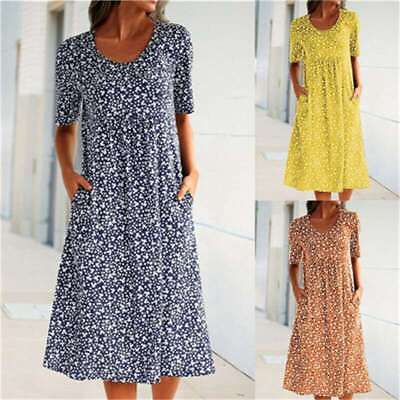 #ad Womens Summer Short Sleeve Print Plus Size Dress Ladies Beach Boho Midi Sundress $21.69