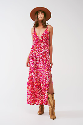#ad Floral Print Maxi Dress With v Neck in Pink Sleeveless $96.00