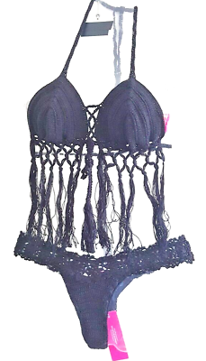 #ad Anna Kosturova Swimsuit Bikini Black Crocheted Size Medium $39.98