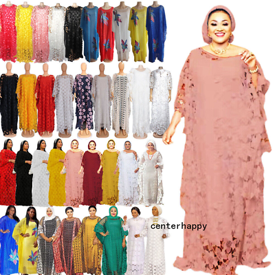 African Dashiki Women Lace Hollow Maxi Dress Abaya Moroccan Kaftan Gown Ramadan C $61.95
