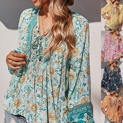 US Women Floral Boho Baggy Blouse Long Sleeve Shirt Holiday Tunic Tops Plus Size $16.69