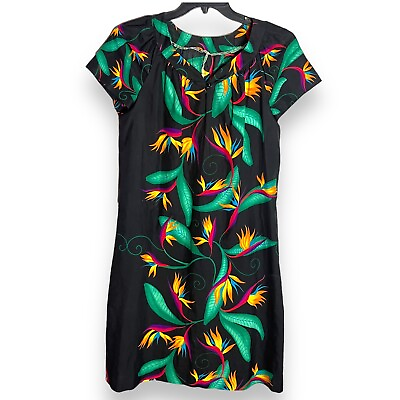 #ad Hilo Hattie Dress Womens Medium Black Floral Hawaiian Maxi Short Sleeve Tropical $18.00