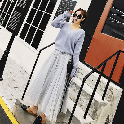Lady Sweater amp; Skirt Sets V Neck Loose Beach Pleated Fairy Tulle Dress Pink Cute $35.88