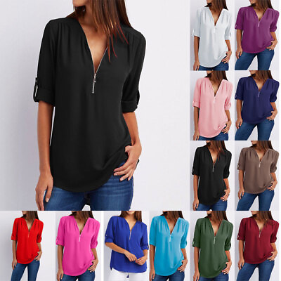 Womens V Neck T Shirt Loose Zipper Casual Blouse Long Sleeve Summer Plus Tops $11.76
