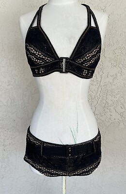 #ad BECCA Black Bikini top Bottom Hip low Rise Boy Shorts size L Lace Swimwear $39.00