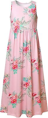 #ad Girl Maxi Dress with Pockets Summer Floor Length Floral Sleeveless Short Sleeve $57.36