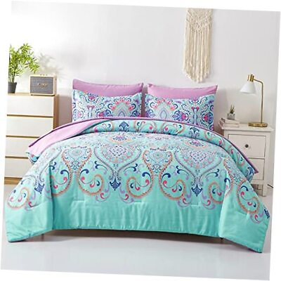 #ad Comforter Set 7 Piece Bed in a Bag Boho and Lilac Damask Medallion Queen Aqua $84.02