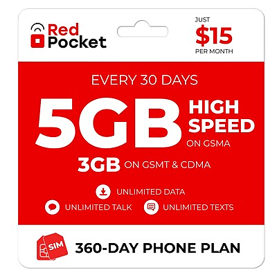 $15 Mo Red Pocket Prepaid Plan: UnImtd Everything GSMA 5GB GSMT amp; CDMA 3GB $180.00