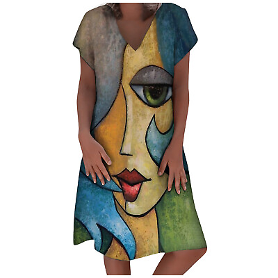 Women Summer V neck Abstract Print Short sleeved Plus Size Casual Long Dresses $14.47