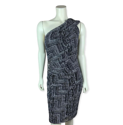 David Meister One Shoulder Dress Size 4 Ruched Beaded Cocktail Black Print White $29.99