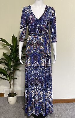 #ad Pink Blush Sz S Paisley Multi Faux Wrap Maxi Dress 3 4 Sleeve Belted VNeck Flowy $18.65