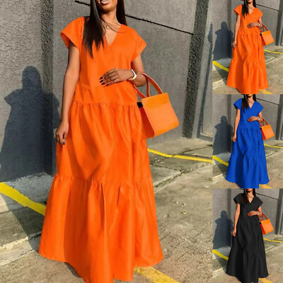 #ad Plus Size Women V Neck Baggy Maxi Dress Short Sleeve Kaftan Casual Long Dress $26.69