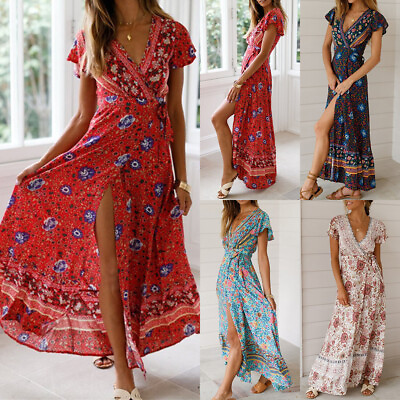 #ad Women#x27;s Boho Floral Summer Dress Party Evening Beach Maxi Wrap Dresses Sundress $19.89