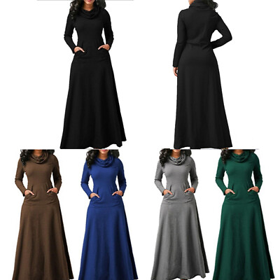 #ad High Neck Maxi Dress Pullover Dress Long Sleeve Plus Size Solid Pocket Casual $18.48
