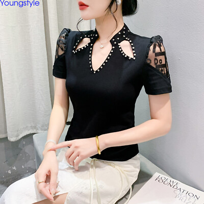 #ad Western Womens Cut Out Rhinestone Puff Sleeve Cocktail Party Tops Blouse T Shirt $6.43