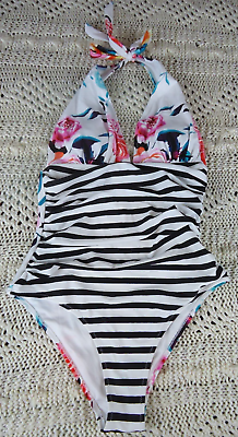 #ad Cupshe Swimsuit One Piece S Tie Strap Floral Stripes Roses Pink Turquoise Beach $22.50