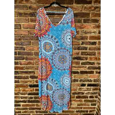 #ad #ad Blue Multicolored Short Sleeve Maxi Dress w Side Slits Women#x27;s Size 2XL $12.00