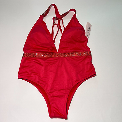 #ad Victoria Secret Medium M Shine Strap Plunge One Piece Swimsuit Bikini Red Pink $54.95