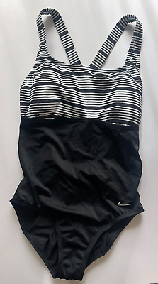 #ad Nike Swim M One Piece Black White Striped Full Coverage Swimsuit NEW $27.99