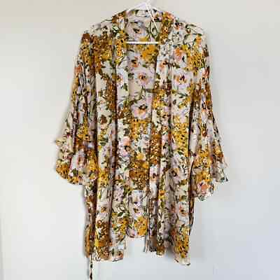 #ad Easel Yellow Floral Kimono Beach Cover Up Ruffle Short Sleeves Lightweight LARGE $27.95