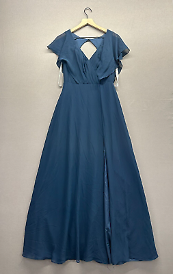 #ad Azazie Womens Blue Maxi Dress Slit Leg Short Sleeve V Neck Size A4quot; $60.50