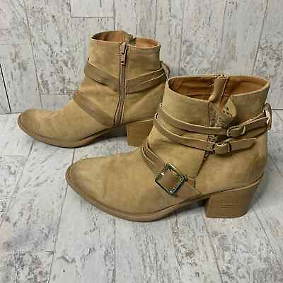 #ad Qupid Womens Boots Size 9 Brown Suede Leather Ankle Booties Buckles Block Heel $17.50