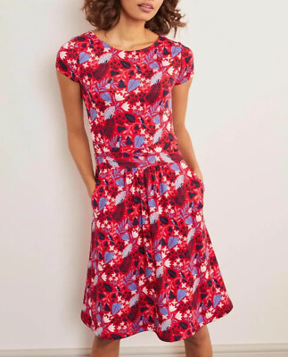 Boden Amelie Jersey Red Dress Paradise Motif Pockets Flattering US Size 8R $22.49
