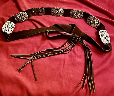 Vintage Suede Leather Fringe Self Tie Belt Conchas Hippie Boho Up To XXL 88” $49.99