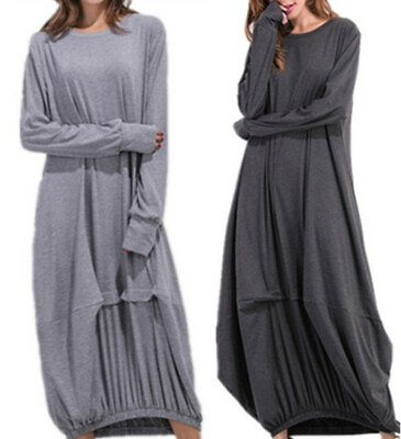#ad Womens Casual Long Sleeves Loose Round Neck T Shirt Dress Retro Maxi Gown Beach $27.82