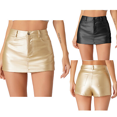 Women#x27;s High Waist PU Leather Metallic Short Mini Skirts Wet Look Bodycon Skirt $18.04