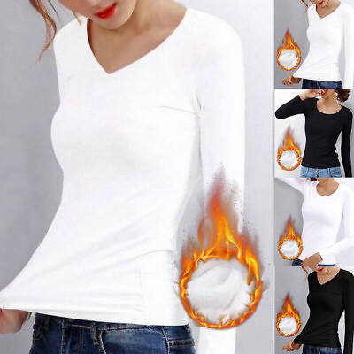 Womens Long Sleeve Thermal Tops Round V Neck Stretch Winter Warm T Shirt Soft $9.37