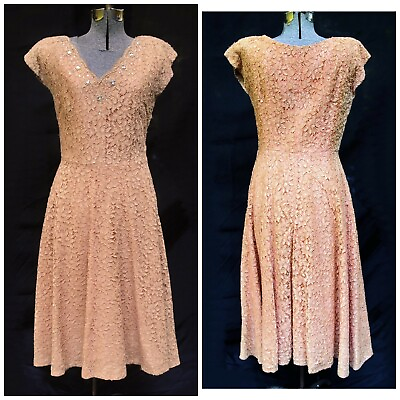 VTG 50 60s Prima NY Peach Lace Party Prom Dress Rhinestone Detail 120quot; Sweep MED $89.99