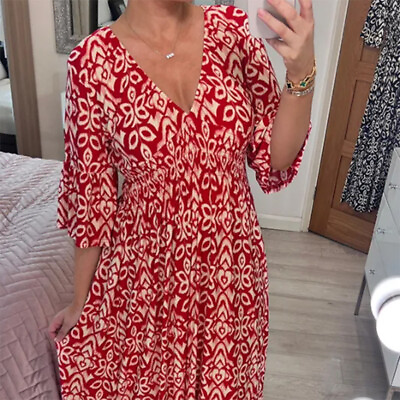 #ad US Womens Summer Dresses V Neck Floral Seaside Holiday Casual Loose Dress $16.55