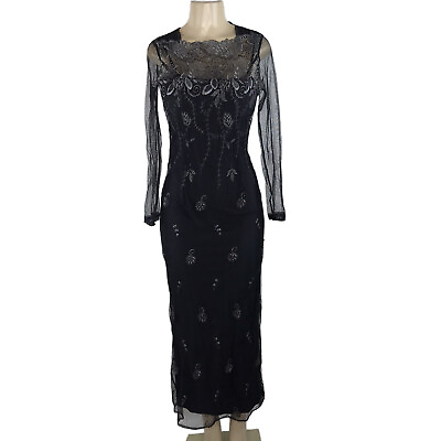Diane Freis Dress Size 10 Vintage Cocktail Black Embroidered Mesh Slit Formal $99.99