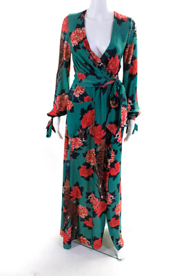 #ad PatBO Womens Floral Print Wrapped Tied Long Sleeve Maxi Dress Green Size 2 $233.99