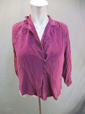 #ad NORDSTROM Size 8 Womens Burguondy 100% Silk Button Up 3 4 Sleeve Crop Shirt 295 $10.00