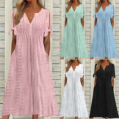 #ad Boho Women Beach Dress Midi Sundress Travel Holiday Casual Lace A line Dress $21.93