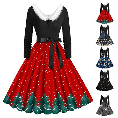 Women Autumn Winter ChriStmaS Printed A Line DreSS Long Sleeved Party Bow DreSS $25.84