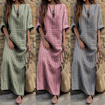 #ad Women Holiday Party Maxi Long Dress Plus Retro Casual Kaftan Striped Abaya Dress $20.51