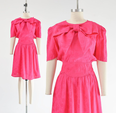 #ad Vintage 80s Barbiecore Pink Puff Sleeve BOW Lolita Party Dress L $62.00