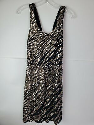 #ad Womens Black Gold Stretch Sleeveless Short Party Cocktail Sequin Dress Large GUC $23.10