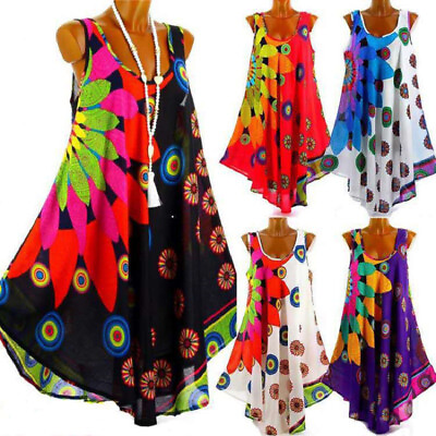 #ad Women Boho Sleeveless Loose Dress Chiffon Tunic Vest Tank Top Sundress Plus Size $11.96