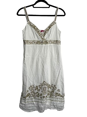 MONSOON Size 10 White Summer Beach Dress Gold Embroidered Sleeveless Holiday GBP 14.39