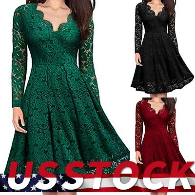 Women V Neck Formal Party Lace Long Sleeve Dress Wedding Bridesmaid Prom Gowns $28.29