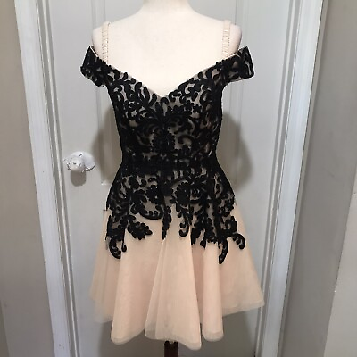 Bee Darlin Junior Party Cocktail Dress Size 5 6 Beige w Black Floral Formal Prom $39.95