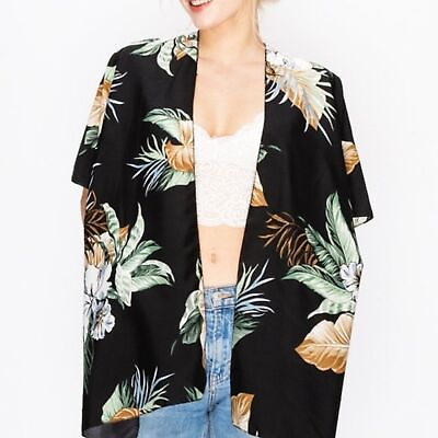 #ad Women#x27;s Short Sleeve Black Floral Leaves Print Kimono Beach Cover Up $24.99