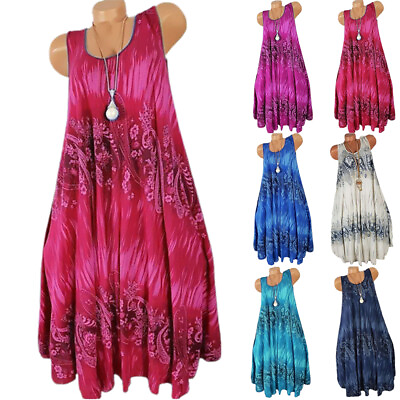 Women Sun Dresses Summer Loose Dress Ladies Boho Beach Holiday Floral Plus Size $17.62