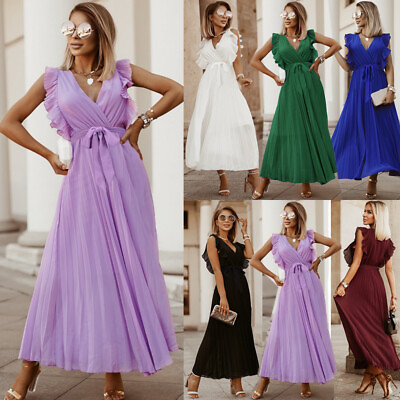 #ad Women Summer Maxi Dress Casual V Neck Sleeveless Ruffled Pleated Flowy Dress $45.20