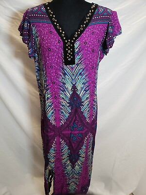 #ad Bohemian Purple Multicolored Maxi Dress with Cap Sleeves M $14.99