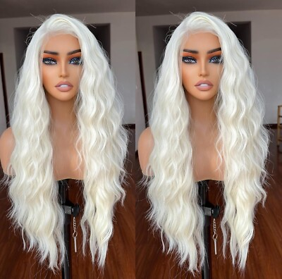 #ad Long White Platinum Blonde Human Hair Blend Lace Front Wig Wavy 13x4 Heat Safe $97.55